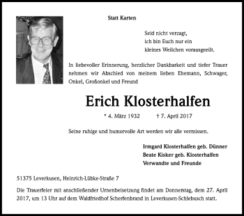 Anzeige von Erich Klosterhalfen von Kölner Stadt-Anzeiger / Kölnische Rundschau / Express