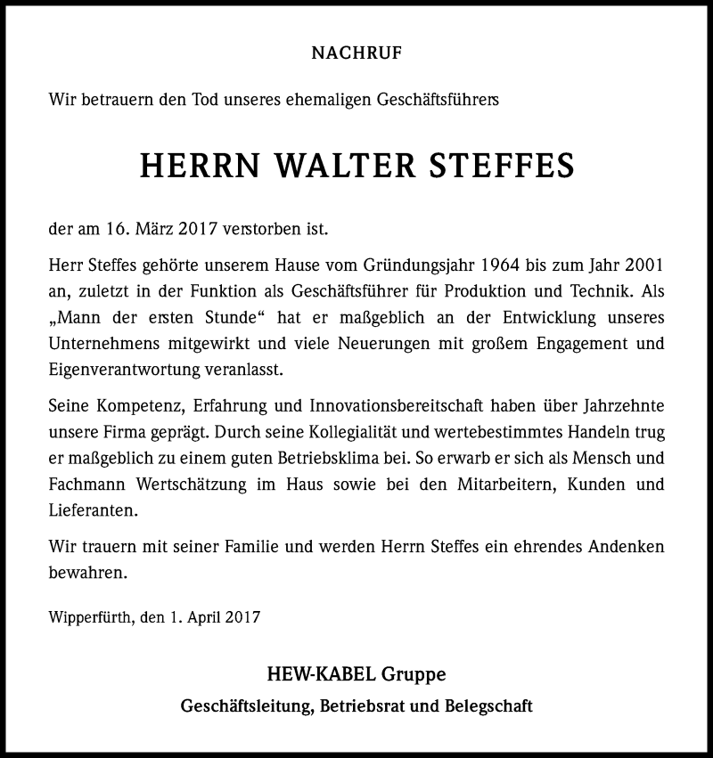  Traueranzeige für Walter Steffes vom 01.04.2017 aus Kölner Stadt-Anzeiger / Kölnische Rundschau / Express