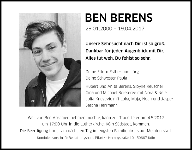  Traueranzeige für Ben Berens vom 29.04.2017 aus Kölner Stadt-Anzeiger / Kölnische Rundschau / Express