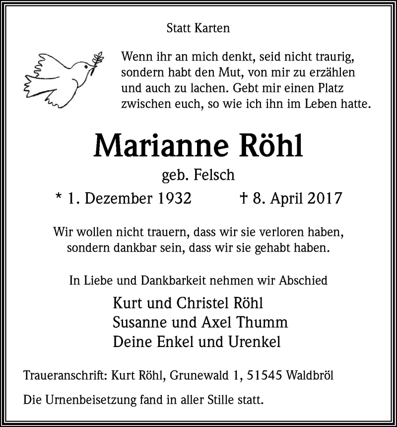  Traueranzeige für Marianne Röhl vom 15.04.2017 aus Kölner Stadt-Anzeiger / Kölnische Rundschau / Express