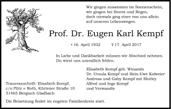 Anzeige von Eugen Karl Kempf von Kölner Stadt-Anzeiger / Kölnische Rundschau / Express