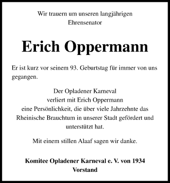 Anzeige von Erich Oppermann von Kölner Stadt-Anzeiger / Kölnische Rundschau / Express
