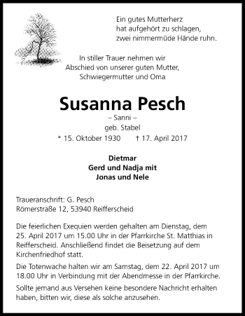 Anzeige von Susanna Pesch von Kölner Stadt-Anzeiger / Kölnische Rundschau / Express