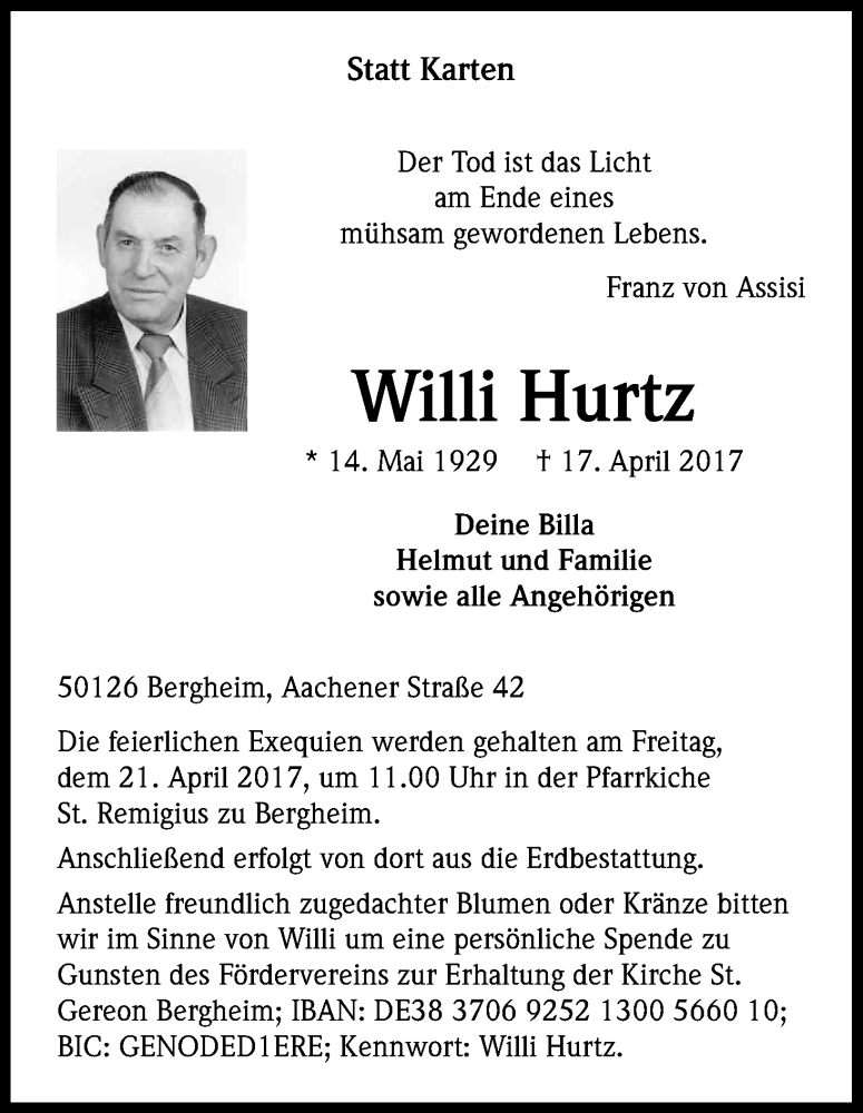  Traueranzeige für Willi Hurtz vom 20.04.2017 aus Kölner Stadt-Anzeiger / Kölnische Rundschau / Express