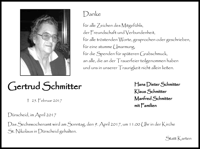  Traueranzeige für Gertrud Schmitter vom 01.04.2017 aus Kölner Stadt-Anzeiger / Kölnische Rundschau / Express