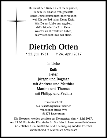 Anzeige von Dietrich Otten von Kölner Stadt-Anzeiger / Kölnische Rundschau / Express
