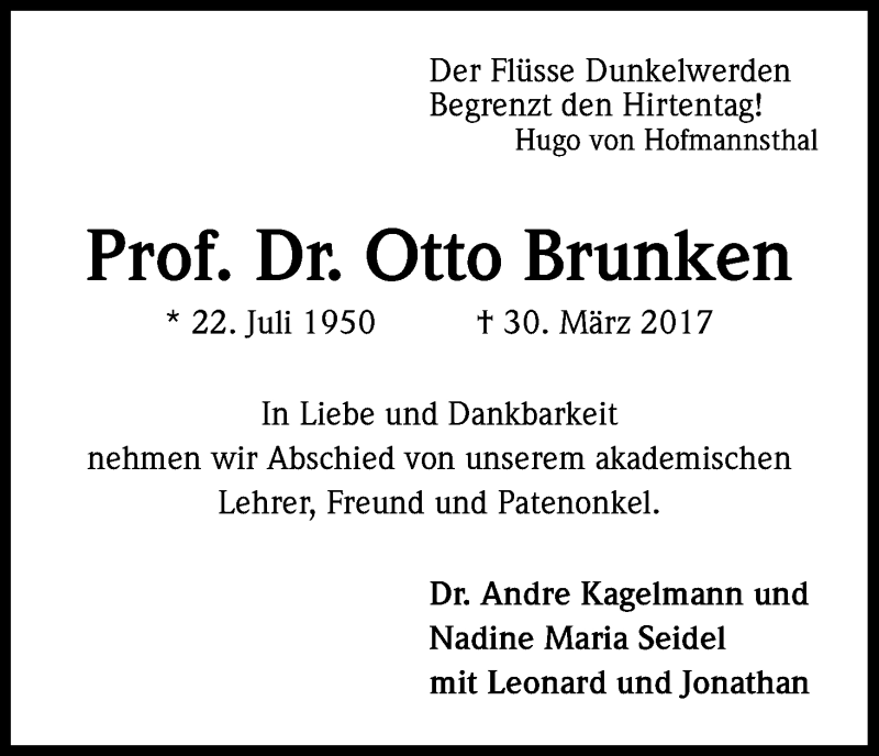  Traueranzeige für Otto Brunken vom 08.04.2017 aus Kölner Stadt-Anzeiger / Kölnische Rundschau / Express