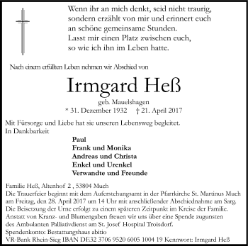 Anzeige von Irmgard Heß von Kölner Stadt-Anzeiger / Kölnische Rundschau / Express