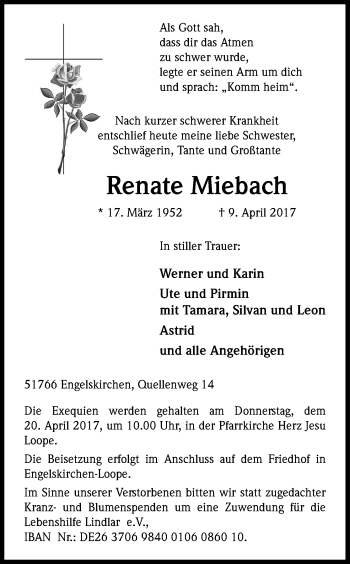 Anzeige von Renate Miebach von Kölner Stadt-Anzeiger / Kölnische Rundschau / Express
