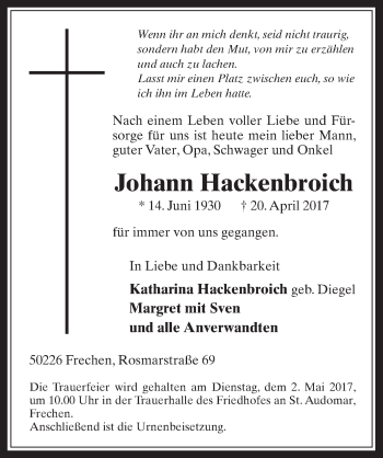 Anzeige von Johann Hackenbroich von  Wochenende 