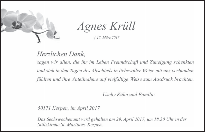  Traueranzeige für Agnes Krüll vom 05.04.2017 aus  Werbepost 