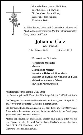 Anzeige von Johanna Gatz von Kölner Stadt-Anzeiger / Kölnische Rundschau / Express