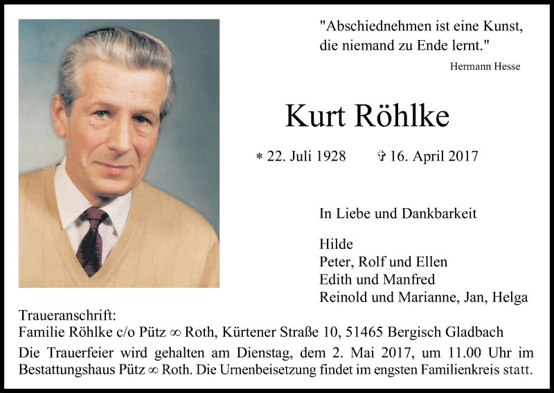  Traueranzeige für Kurt Röhlke vom 26.04.2017 aus Kölner Stadt-Anzeiger / Kölnische Rundschau / Express