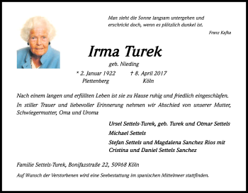 Anzeige von Irma Turek von Kölner Stadt-Anzeiger / Kölnische Rundschau / Express