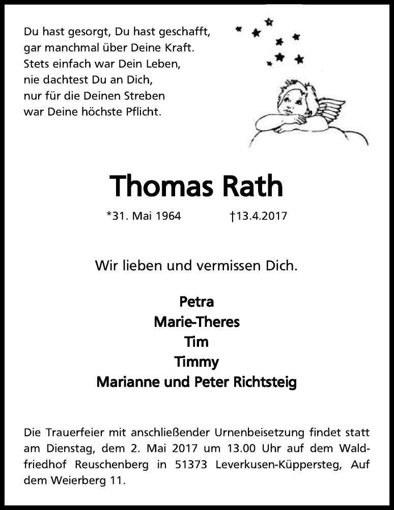  Traueranzeige für Thomas Rath vom 22.04.2017 aus Kölner Stadt-Anzeiger / Kölnische Rundschau / Express
