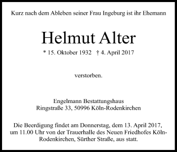 Anzeige von Helmut Alter von Kölner Stadt-Anzeiger / Kölnische Rundschau / Express