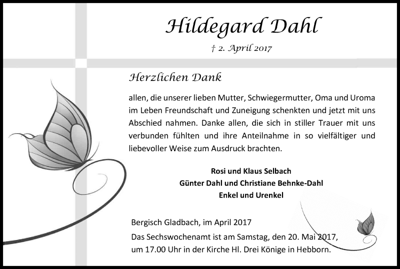 Traueranzeige für Hildegard Dahl vom 29.04.2017 aus Kölner Stadt-Anzeiger / Kölnische Rundschau / Express