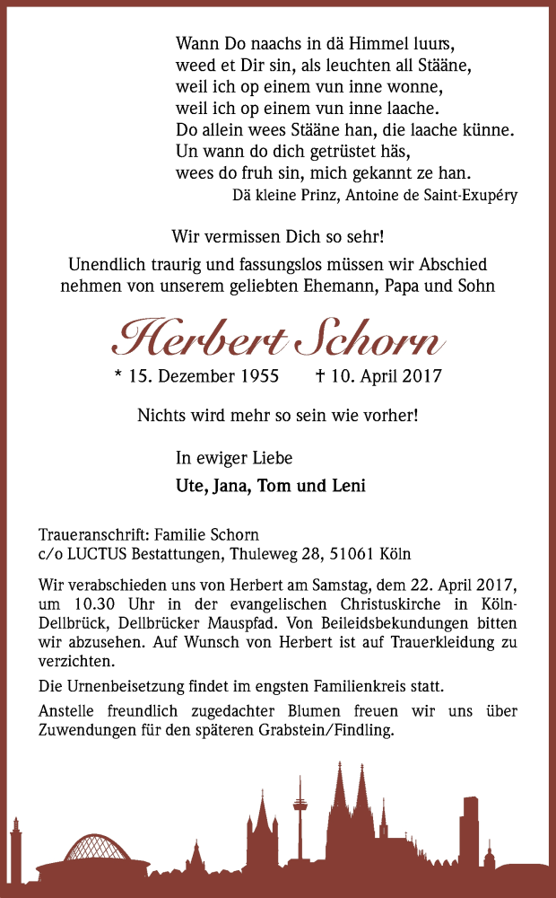  Traueranzeige für Herbert Schorn vom 15.04.2017 aus Kölner Stadt-Anzeiger / Kölnische Rundschau / Express