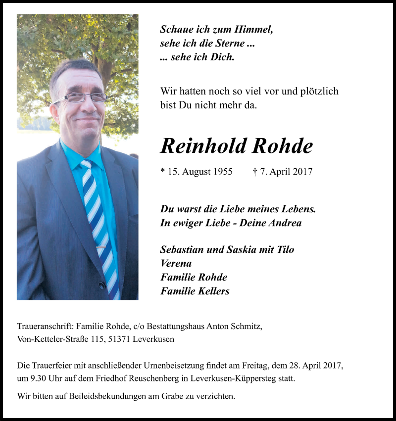  Traueranzeige für Reinhold Rohde vom 22.04.2017 aus Kölner Stadt-Anzeiger / Kölnische Rundschau / Express