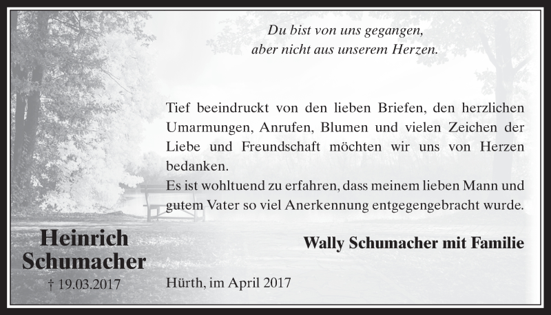  Traueranzeige für Heinrich Schumacher vom 26.04.2017 aus  Wochenende 