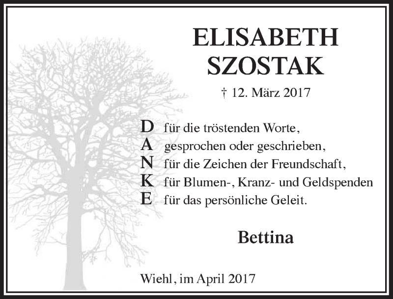  Traueranzeige für Elisabeth Szostak vom 26.04.2017 aus  Anzeigen Echo 