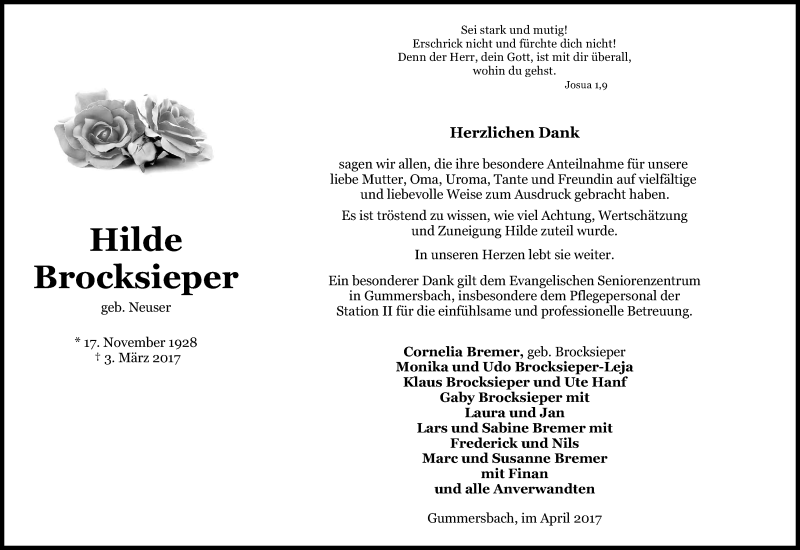  Traueranzeige für Hilde Brocksieper vom 22.04.2017 aus Kölner Stadt-Anzeiger / Kölnische Rundschau / Express