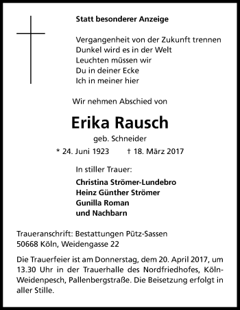 Anzeige von Erika Rausch von Kölner Stadt-Anzeiger / Kölnische Rundschau / Express