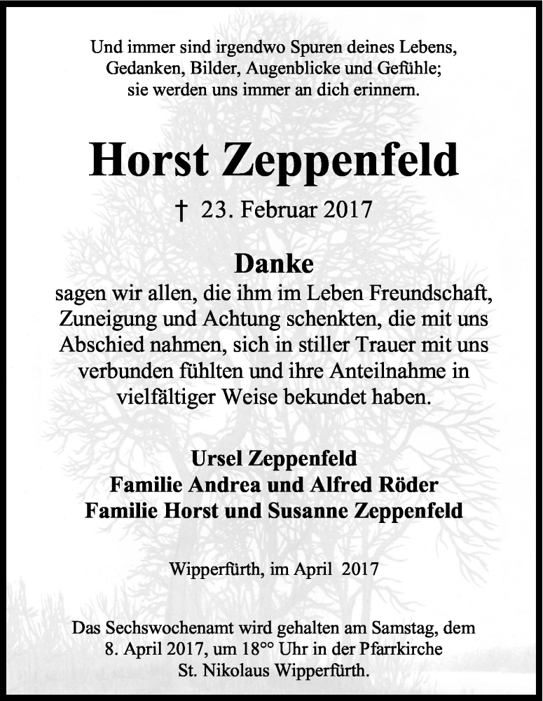  Traueranzeige für Horst Zeppenfeld vom 01.04.2017 aus Kölner Stadt-Anzeiger / Kölnische Rundschau / Express