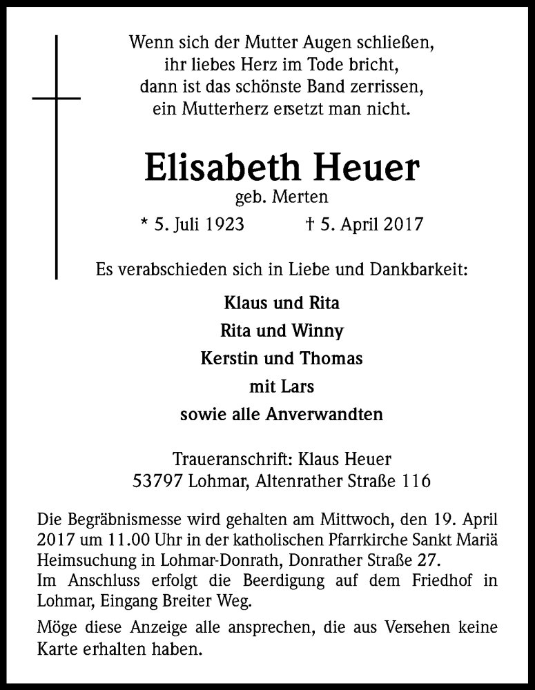  Traueranzeige für Elisabeth Heuer vom 12.04.2017 aus Kölner Stadt-Anzeiger / Kölnische Rundschau / Express