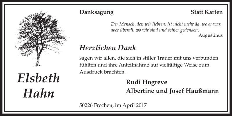  Traueranzeige für Elsbeth Hahn vom 08.04.2017 aus  Sonntags-Post 