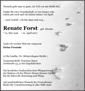 Anzeige von Renate Forst von  Anzeigen Echo 