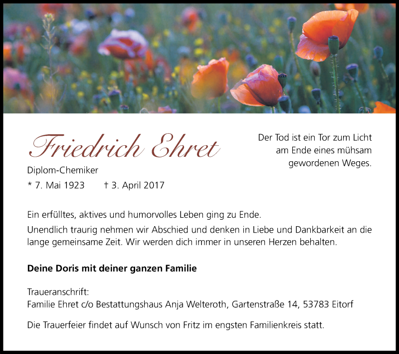  Traueranzeige für Friedrich Ehret vom 08.04.2017 aus Kölner Stadt-Anzeiger / Kölnische Rundschau / Express