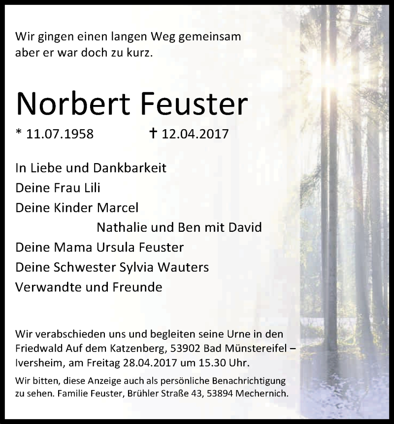  Traueranzeige für Norbert Feuster vom 22.04.2017 aus Kölner Stadt-Anzeiger / Kölnische Rundschau / Express