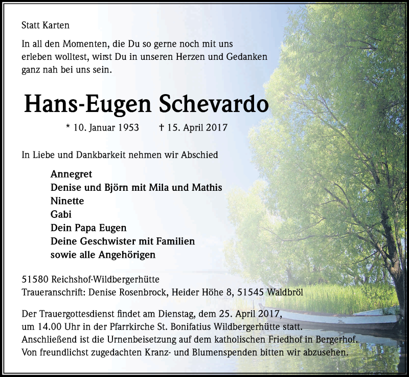  Traueranzeige für Hans-Eugen Schevardo vom 19.04.2017 aus Kölner Stadt-Anzeiger / Kölnische Rundschau / Express