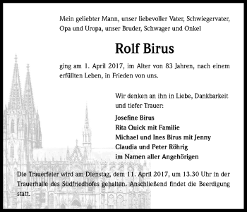 Anzeige von Rolf Birus von Kölner Stadt-Anzeiger / Kölnische Rundschau / Express