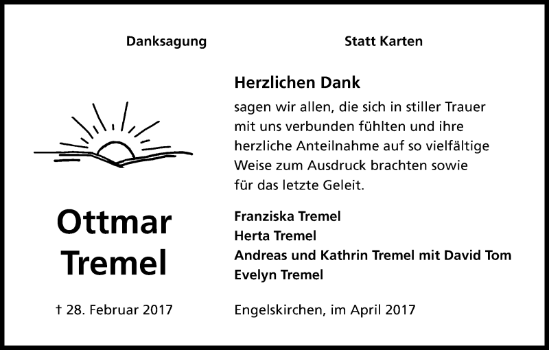  Traueranzeige für Ottmar Tremel vom 19.04.2017 aus Kölner Stadt-Anzeiger / Kölnische Rundschau / Express