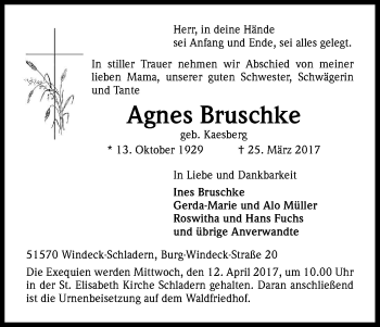 Anzeige von Agnes Bruschke von Kölner Stadt-Anzeiger / Kölnische Rundschau / Express