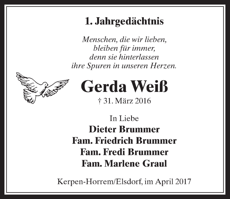  Traueranzeige für Gerda Weiß vom 05.04.2017 aus  Werbepost 