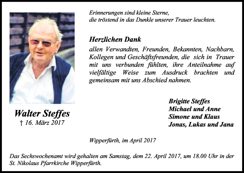  Traueranzeige für Walter Steffes vom 15.04.2017 aus Kölner Stadt-Anzeiger / Kölnische Rundschau / Express