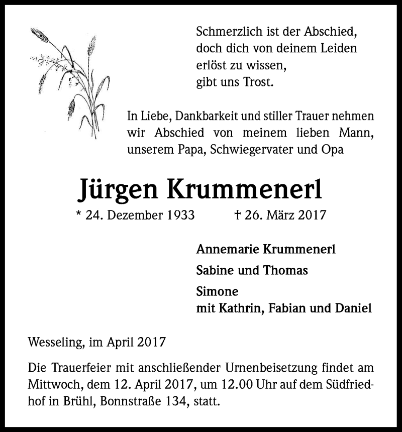 Traueranzeige für Jürgen Krummenerl vom 08.04.2017 aus Kölner Stadt-Anzeiger / Kölnische Rundschau / Express