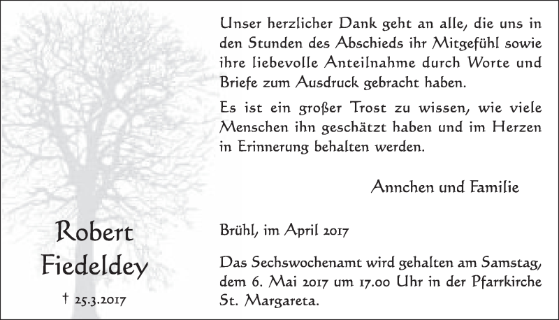  Traueranzeige für Robert Fiedeldey vom 26.04.2017 aus  Schlossbote/Werbekurier 