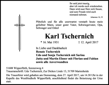 Anzeige von Karl Tschernich von Kölner Stadt-Anzeiger / Kölnische Rundschau / Express
