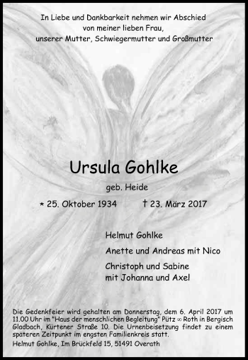 Anzeige von Ursula Gohlke von Kölner Stadt-Anzeiger / Kölnische Rundschau / Express