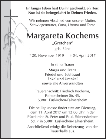 Anzeige von Margareta Kochems von  Blickpunkt Euskirchen 