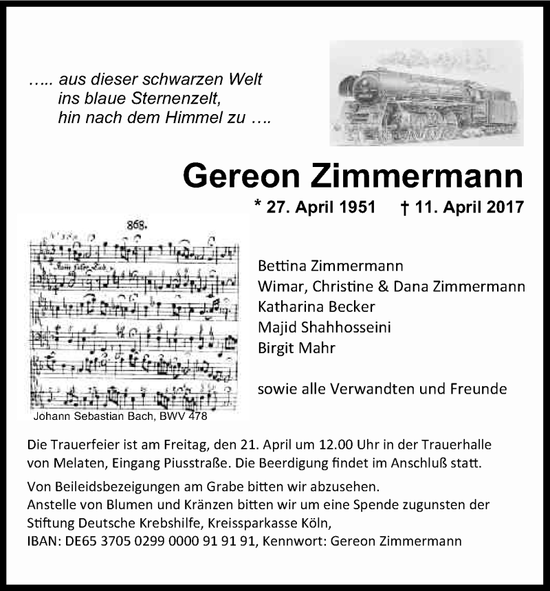  Traueranzeige für Gereon Zimmermann vom 19.04.2017 aus Kölner Stadt-Anzeiger / Kölnische Rundschau / Express
