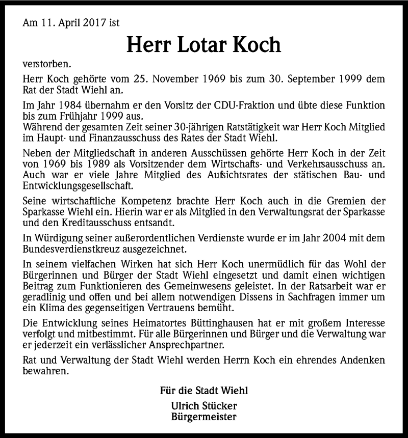  Traueranzeige für Lotar Koch vom 22.04.2017 aus Kölner Stadt-Anzeiger / Kölnische Rundschau / Express