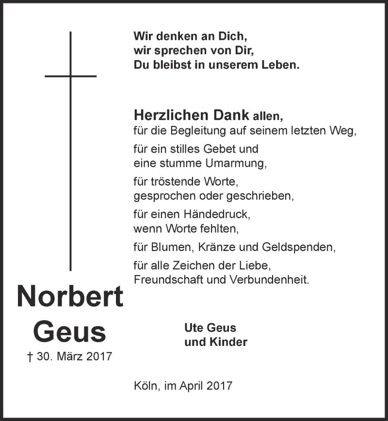  Traueranzeige für Norbert Geus vom 26.04.2017 aus  Kölner Wochenspiegel  Extra Blatt 