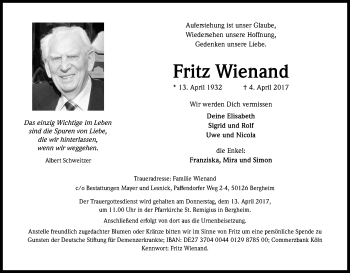 Anzeige von Fritz Wienand von Kölner Stadt-Anzeiger / Kölnische Rundschau / Express