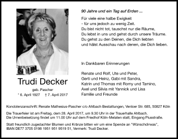 Anzeige von Trudi Decker von Kölner Stadt-Anzeiger / Kölnische Rundschau / Express