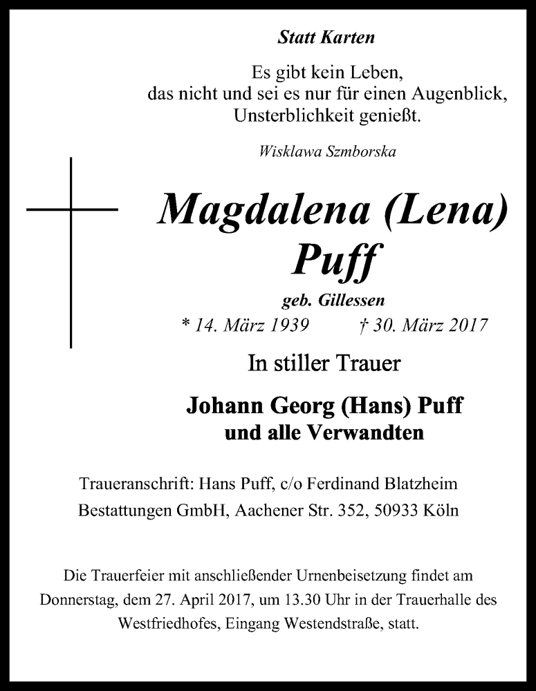  Traueranzeige für Magdalena Puff vom 24.04.2017 aus Kölner Stadt-Anzeiger / Kölnische Rundschau / Express